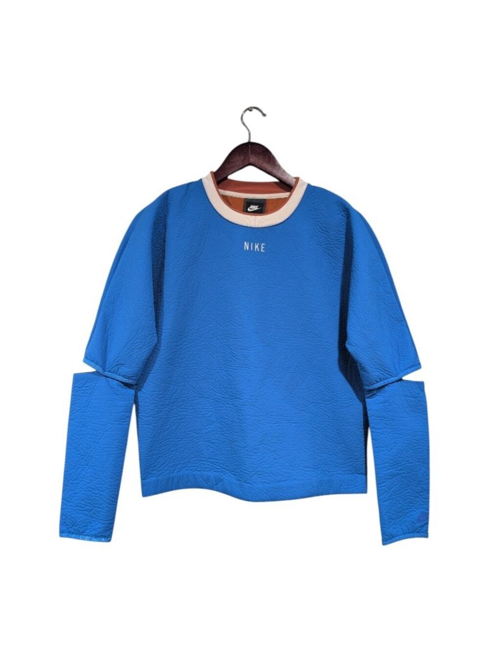 Nike Womens Sportswear Tech Pack Sweatshirt Blue Crew-Neck Cut-Out Sleeves Sz XS
